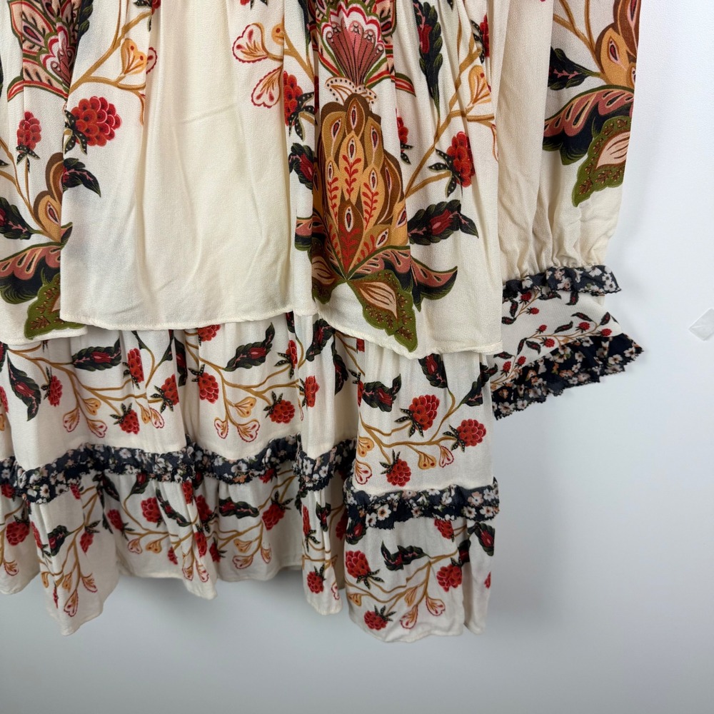 Farm Rio Ruffled Mock Neck Mini Dress Small Berry Garden Botanical Floral Tiered - Picture 5 of 16